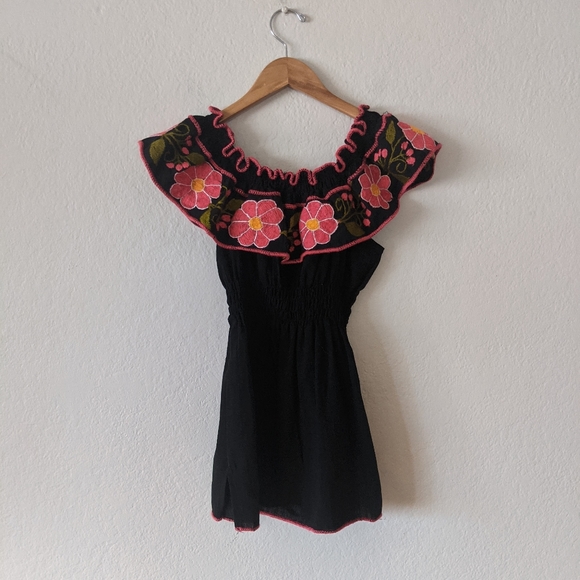 None Tops - Spanish Style Floral Blouse